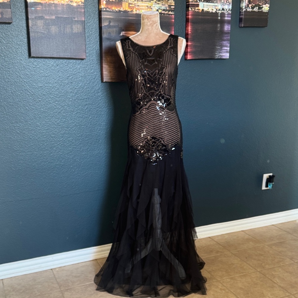 BCBGMaxAzria Black Sequin Layered Maxi Dress